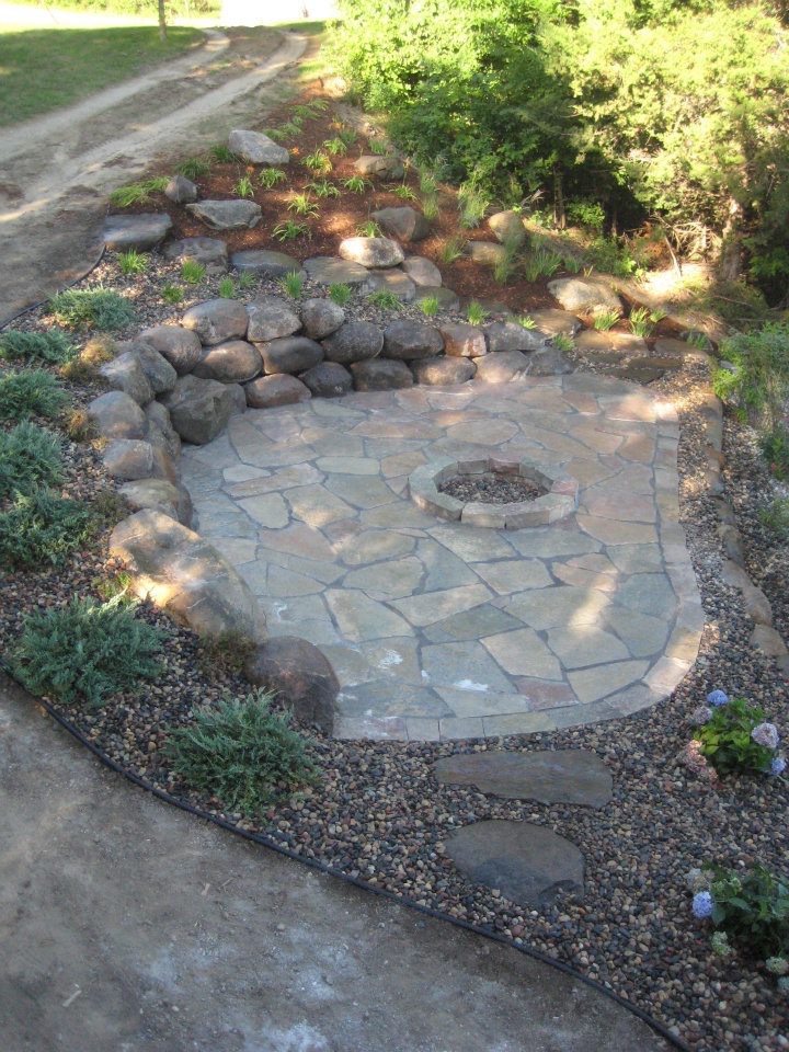 Boulder Wall, Patio with Fire Ring and Steps